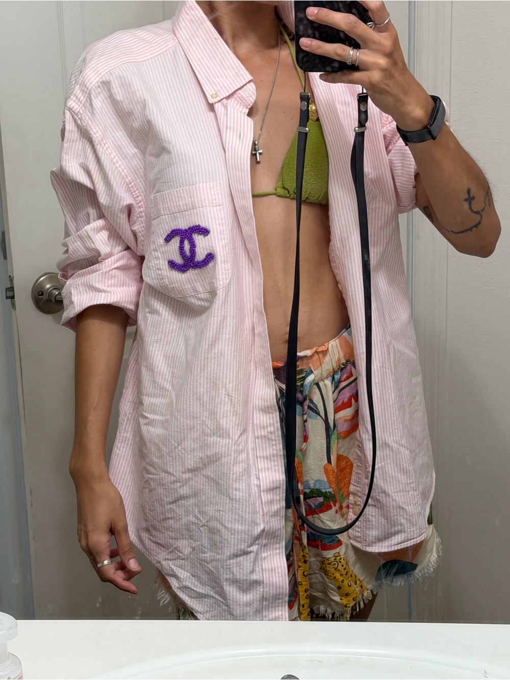Pink Striped Button-Up Shirt with Purple Logo